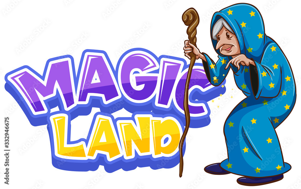 Font design for word magic land with old wizard