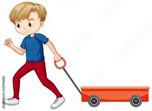 Boy pulling red wagon on white background