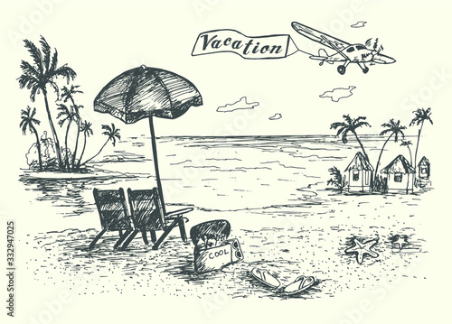 Vacation scene on the beach with umbrella, equipment, accessories. Airplane, palms and ocean on background. Sketched vector.
