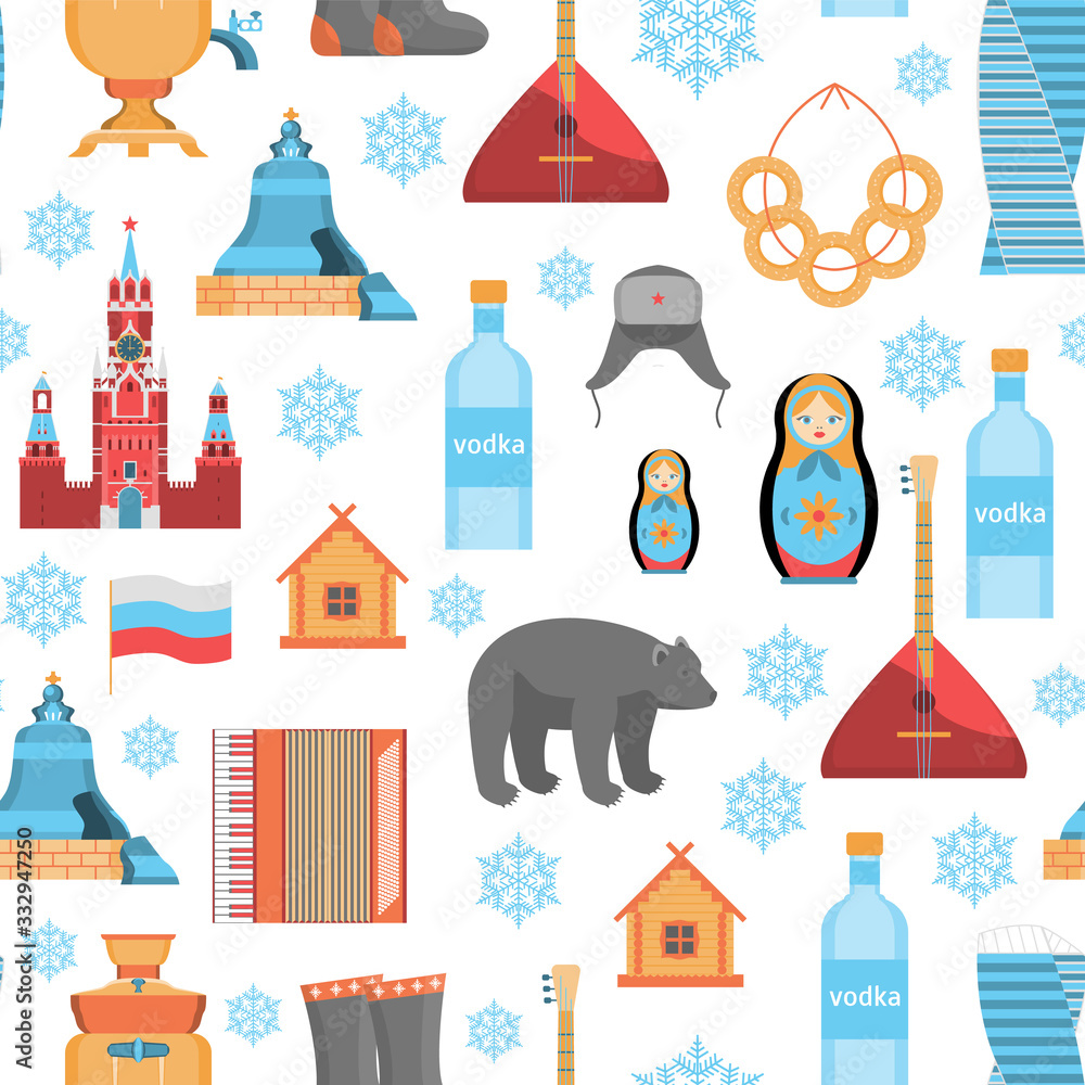 Obraz premium Cartoon Russian Traditional Items Seamless Pattern Background. Vector