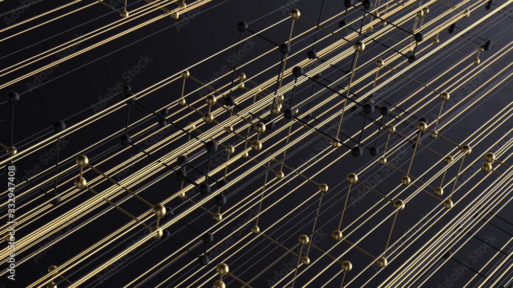 3d render abstract gold and black thin lines with small spheres on corners with a depth of field on a black background. Grid structure.