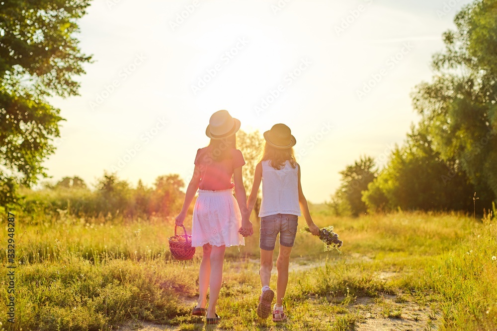 Fototapeta premium Two girls walking in summer meadow holding hands, back view