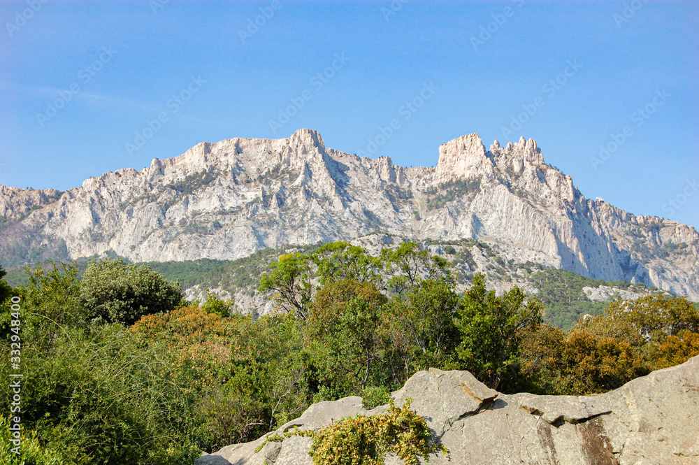 White cliffs on  clear blue sky background in Crimea