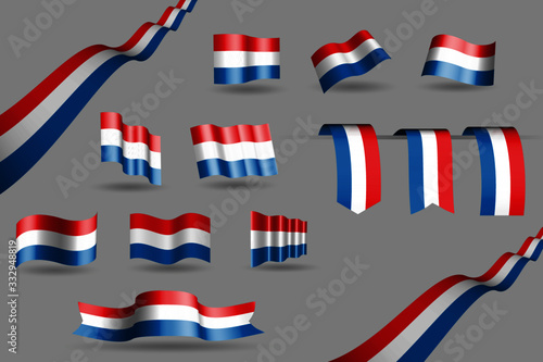 Waving Netherlands banners and 3 bookmarks in the colors of the flag red, blue, white, many 9 flags vector illustration for memorial, labor day or any national celebration