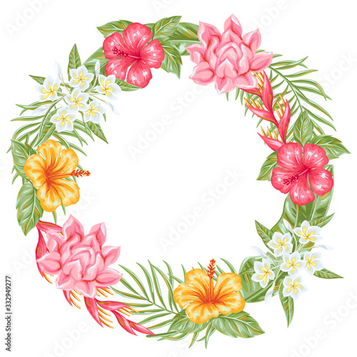 Frame with tropical flowers and leaves.