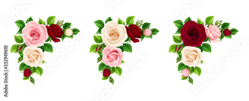 Vector set of pink, burgundy and white roses corner decorative elements isolated on a white background.