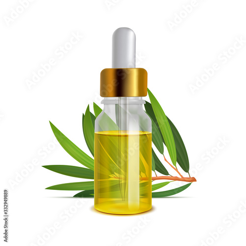 Tea Tree Oil Bottle with Leaves in Realistic Style