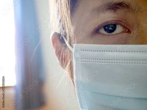 Colseup eye of illlness woman wearing hygienic mask for protect herself from Disease,looking with hopeless feeling,blurry light around photo