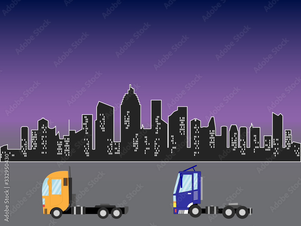 Delivery truck on the city background. Transportation for shipping and freight goods. Vector Illustration