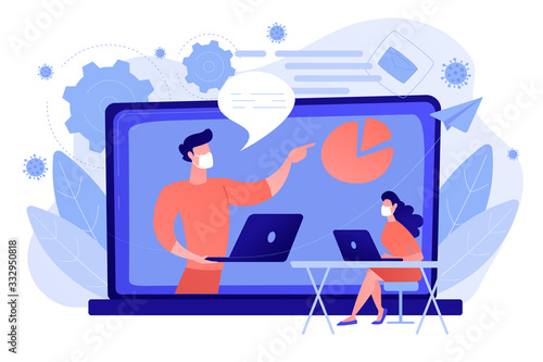 Student with laptop and lector at the LCD screen. Webinar, web seminars, webcasts, and peer-level web meetings during covid-2019 quarantine concept. Pink coral blue vector illustration on background.