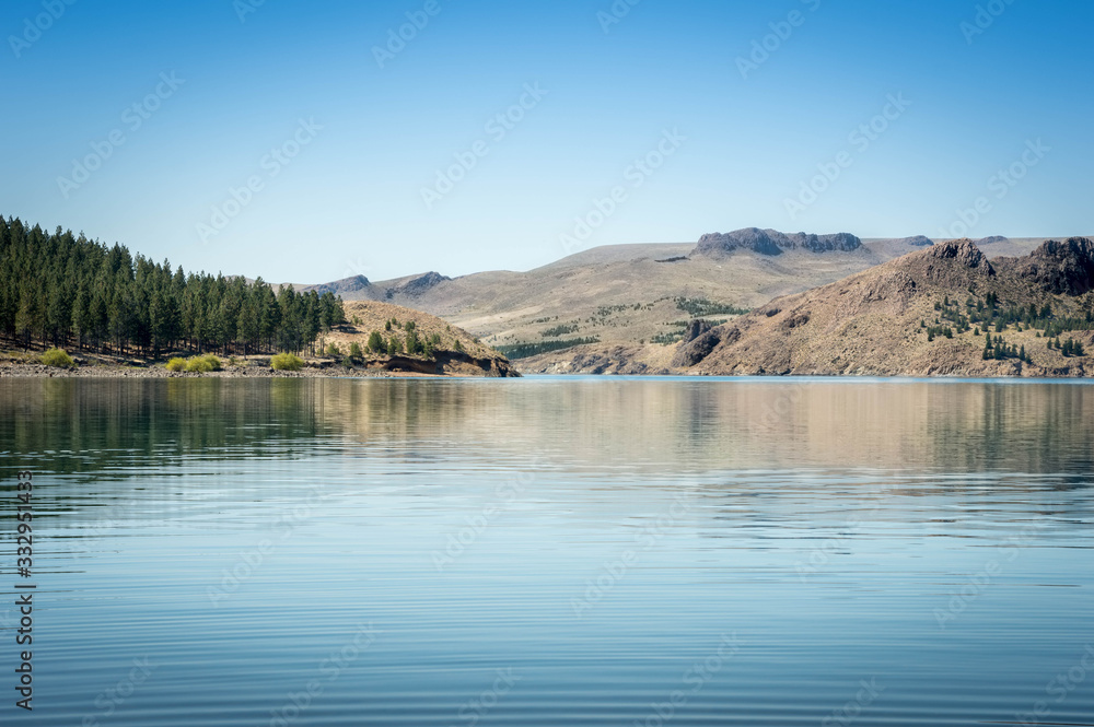 Lake with pine trees and mountains in the province of Neuquén, Argentina.
