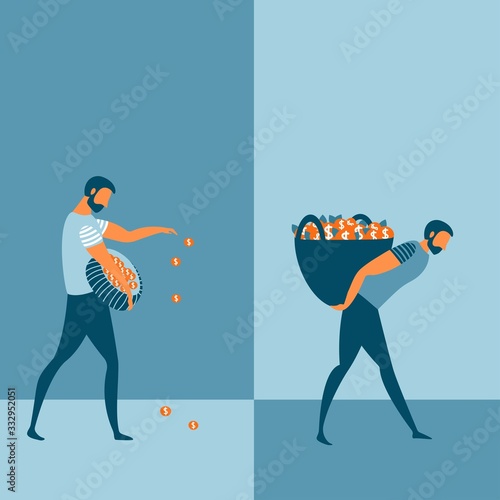 Investment business concept. Entrepreneur is investing money cash as planting seeds and collecting dividends. Economic success and financial growth metaphor. Vector