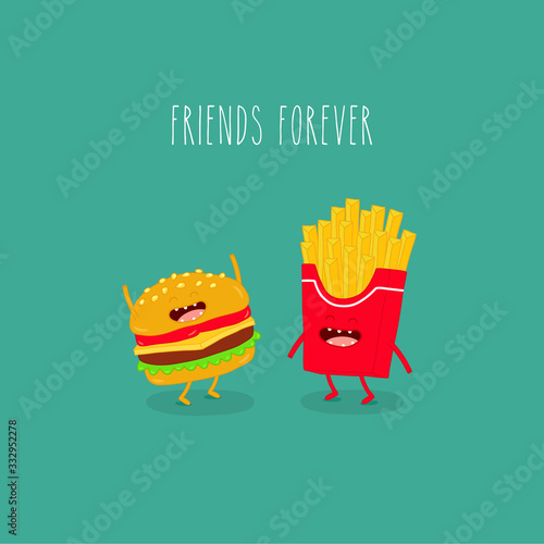 fries cheeseburger friends forever. vector graphics. cute image.