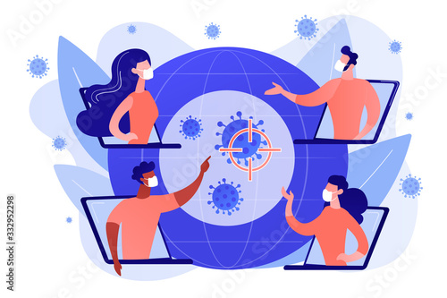 Covid-2019 global response concept illustration. International efforts, online medical conference, preventive measures, governmental control concept. Bright vibrant violet vector isolated illustration