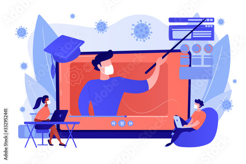 Internet education, remote website development school. Online workshop during global covid pandemic, home-schooling on self-isolation concept. Pinkish coral blue vector isolated illustration
