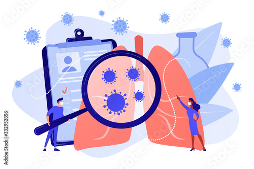 Coronavirus respiratory symptoms, virus spread in lungs. Cough, shortness of breath, positive covid-2019 test, hospital treatment. Lungs ventilation concept. Coral blue vector isolated illustration