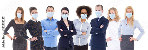 pandemic, health care, business and office work concept - large set of business people portraits in protective masks isolated on white
