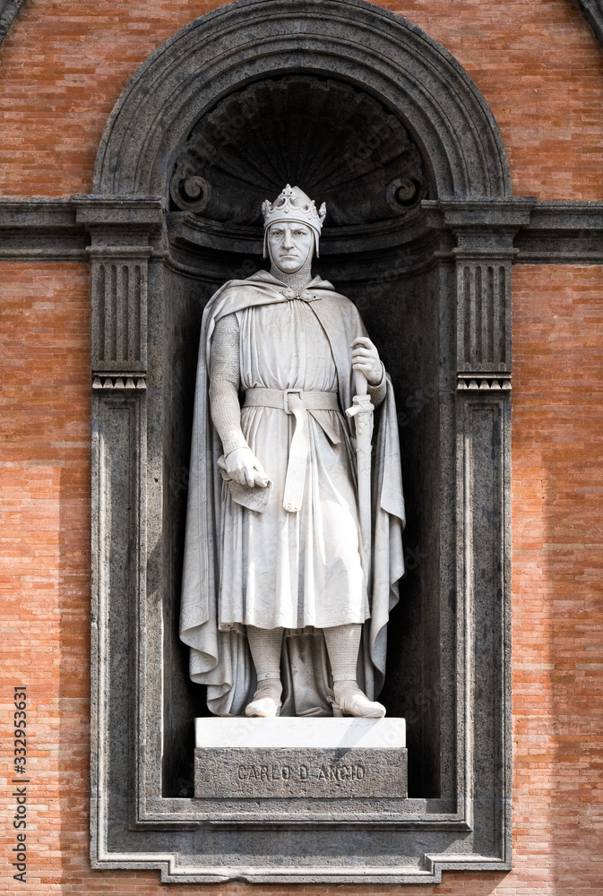 Carlo d'Angio statue at the entrance of Royal Palace in Naples, called the Norman. He united under a single kingdom all the Norman conquests in southern Italy, the work of Tommaso Solari of 1888