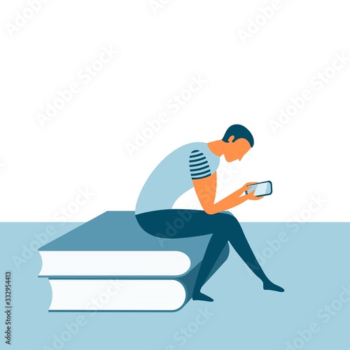 Person with smartphone sitting on the pile of books. Online reading or digital library concept. Education or skill development. Vector