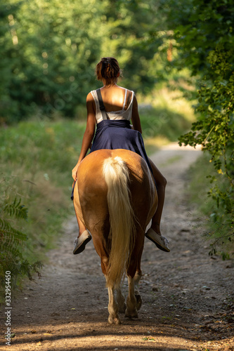 Horse Haflinger with his young rider on an evening walk in the woods on a path..