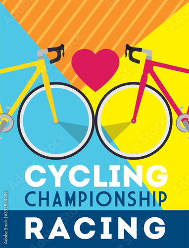 cycling championship racing poster with bikes and heart vector illustration design