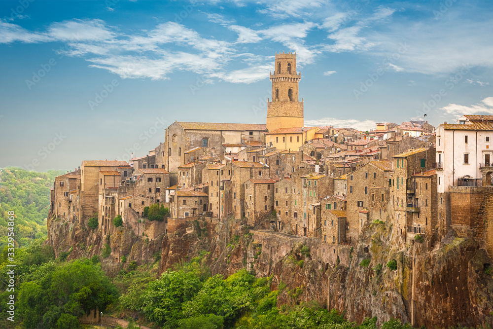 Pitigliano, Grosseto, Italy  panoramic view of Pitigliano village, the characteristic historical center is known as the small Jerusalem, for the historical presence of a Jewish community