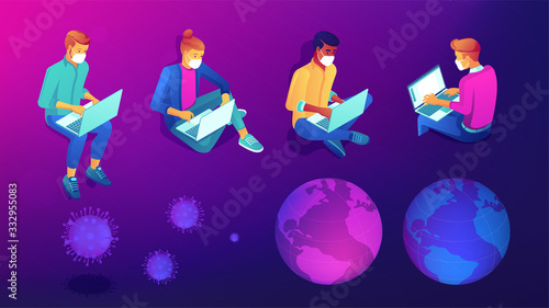 Isometric developers, programmers and designers working from home online during novel coronavirus pandemic set. Social isolation, self-quarantine on violet background. Vector 3d illustrations set.