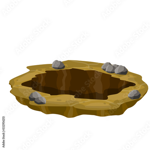 Big hole in ground. Element of desert landscape. Cartoon illustration. Brown dry soil and mine