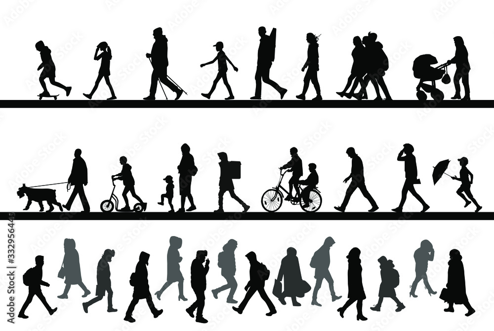 People walk along the road, ride a bike and scooter, rush to work. Children, men and women. Vector silhouettes set. - obrazy, fototapety, plakaty 