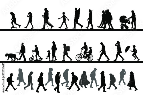People walk along the road, ride a bike and scooter, rush to work. Children, men and women. Vector silhouettes set.