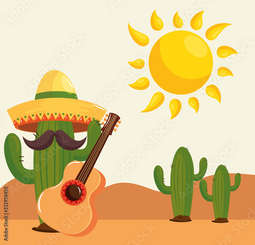cactus and icons traditional of cinco de mayo vector illustration design