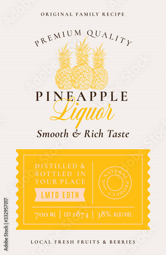 Family Recipe Pineapples Liquor Acohol Label. Abstract Vector Packaging Design Layout. Modern Typography Banner with Hand Drawn Pineapple Silhouette Logo and Background.