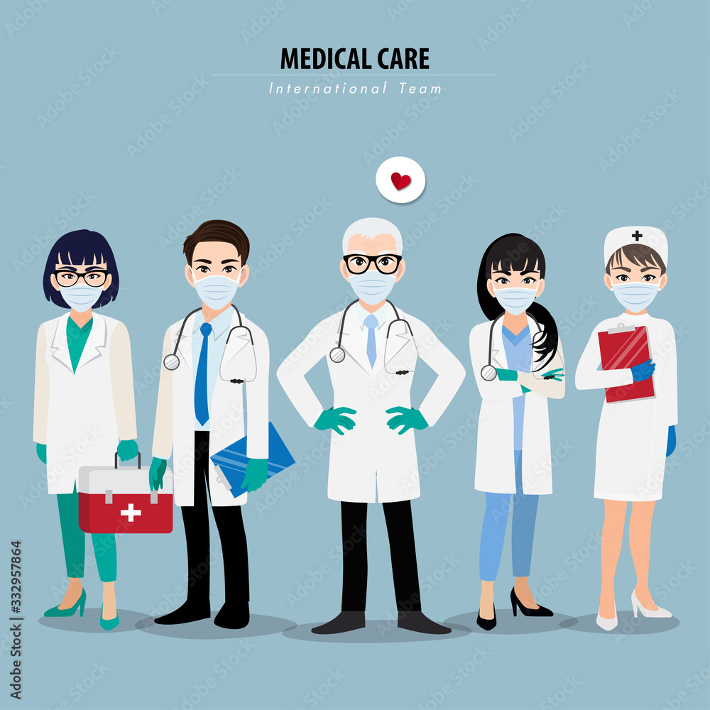 Cartoon character with professional doctors and nurses wearing medical mask on face and standing together to fight corona virus flat icon design vector Cartoon character with professional doctors and nurses wearing medical mask on face and standing together to fight corona virus flat icon design vector