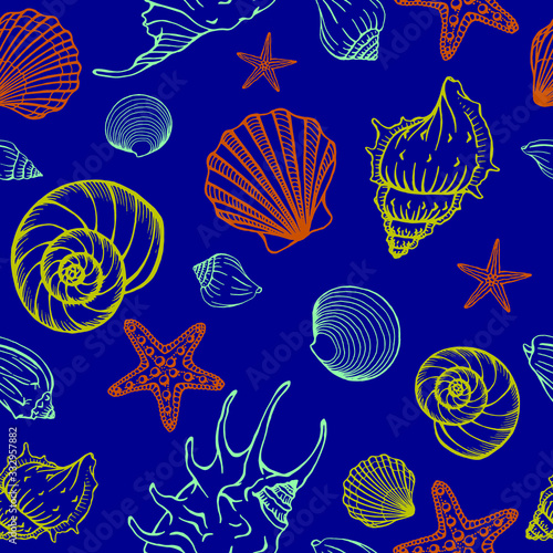 Seamless pattern with seashells, corals and starfishes. Marine background.  Perfect for greetings, invitations, manufacture wrapping paper, textile and web design.