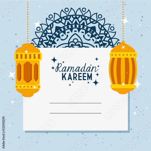 ramadan kareem card with lanterns hanging vector illustration design