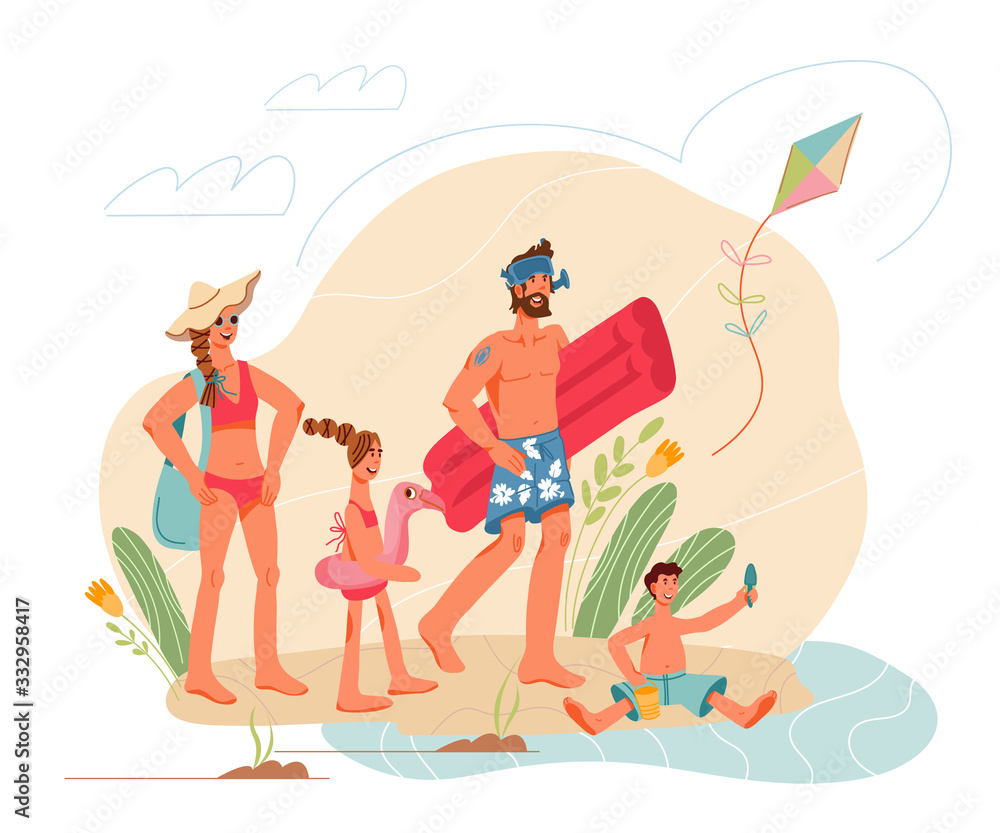 Fototapeta premium Family summer vacation at beach scene. Parents and children cartoon characters in journey on sea shore. Water activity and recreation. Flat vector illustration isolated.