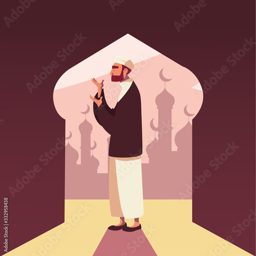 man muslim praying in mosque, ramadan kareem