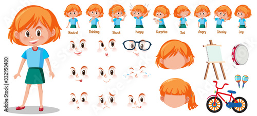 Set of cute girl with different expressions on her face
