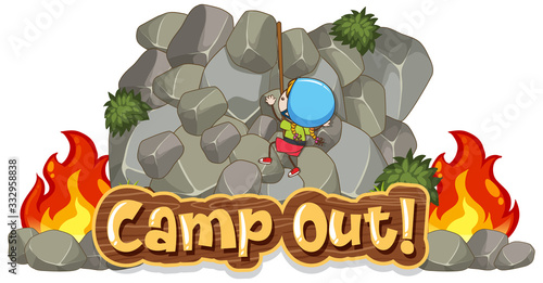 Font design for word camp out with girl climbing rocks