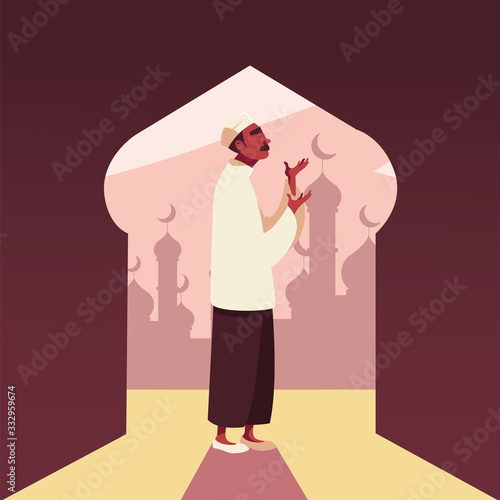 man muslim praying in mosque, ramadan kareem