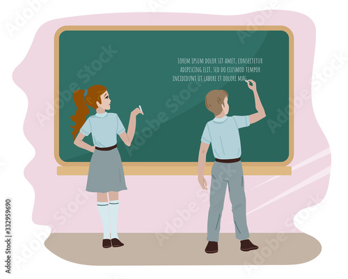 High school students near the board. Vector illustration