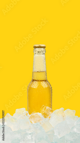 Fotografia, Obraz One bottle of cold lager beer on ice cubes