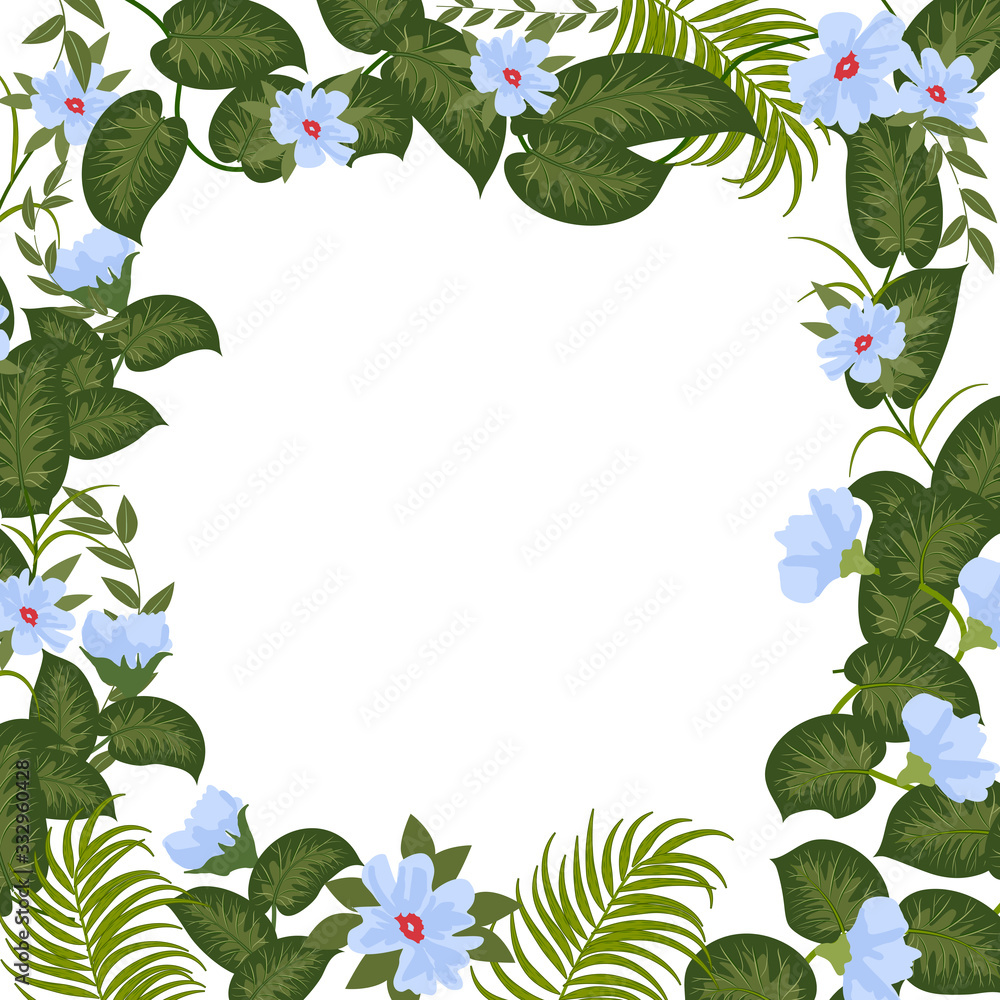 Fototapeta premium Vector tropical jungle banner, frame with palm trees leaves and blue flowers