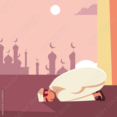 man muslim praying in mosque, ramadan kareem