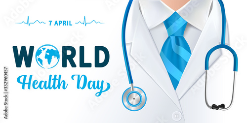 World Health Day, doctor and stethoscope design. Globe in text and normal cardiogram as a concept poster for World Health Day, 7 April. Vector illustration