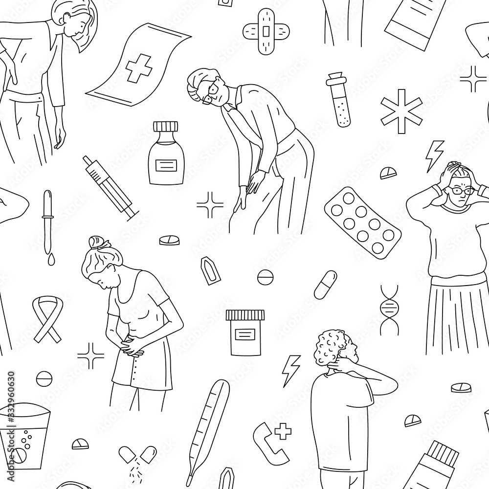 seamless pattern of unhappy people suffering pain or ache. Set of ill people who lose consciousness, coughing, holding belly, has a headache. Vector illustration isolated on white drawing seamless pattern of unhappy people suffering pain or ache. Set of ill people who lose consciousness, coughing, holding belly, has a headache. Vector illustration isolated on white drawing