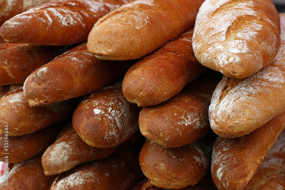 Fresh French baguette bread on retail display Fresh French baguette bread on retail display