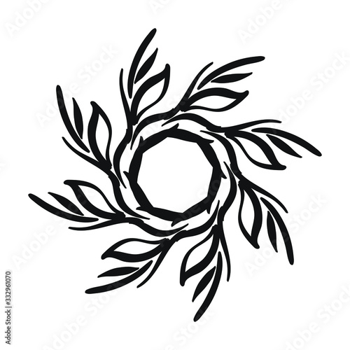 Vector hand drawn spring wreath isolated on white background. Outline willow branch. Doodle style. Floral frame.