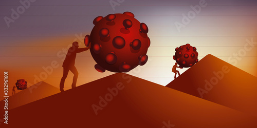 Concept de la lutte contre le coronavirus avec l’évolution de la catastrophe sanitaire vers le pic de l’épidémie.