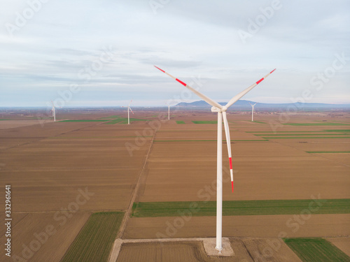 Windmills and fields. Aerial photography.